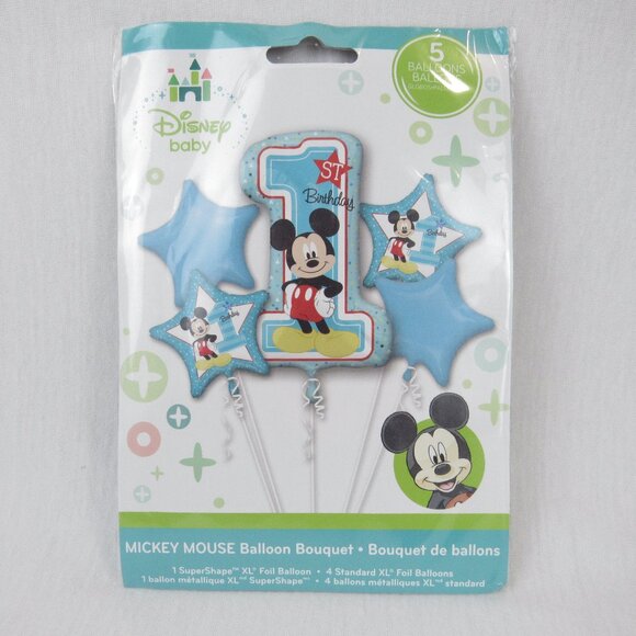 Mickey Mouse Balloon Bouquet 1st Birthday Age 1 Party Decorations Pack of 5 - Picture 1 of 5